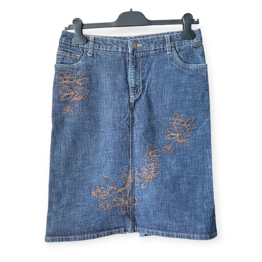 Vintage Y2K Point Zero Boho Embroidered Stretch Denim Miniskirt blue size 7/8